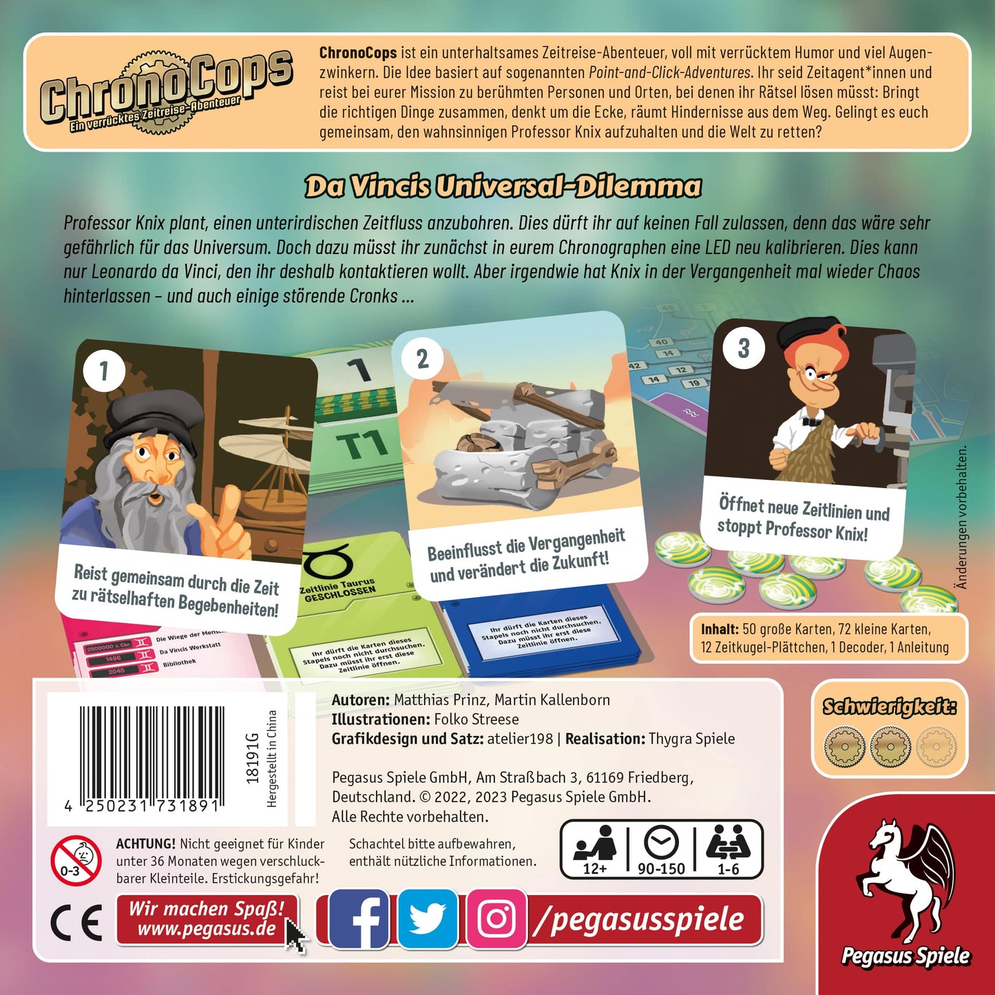 ChronoCops – Da Vincis Universal-Dilemma Kartenspiel Schachtel Rückseite mit Spielbeschreibung