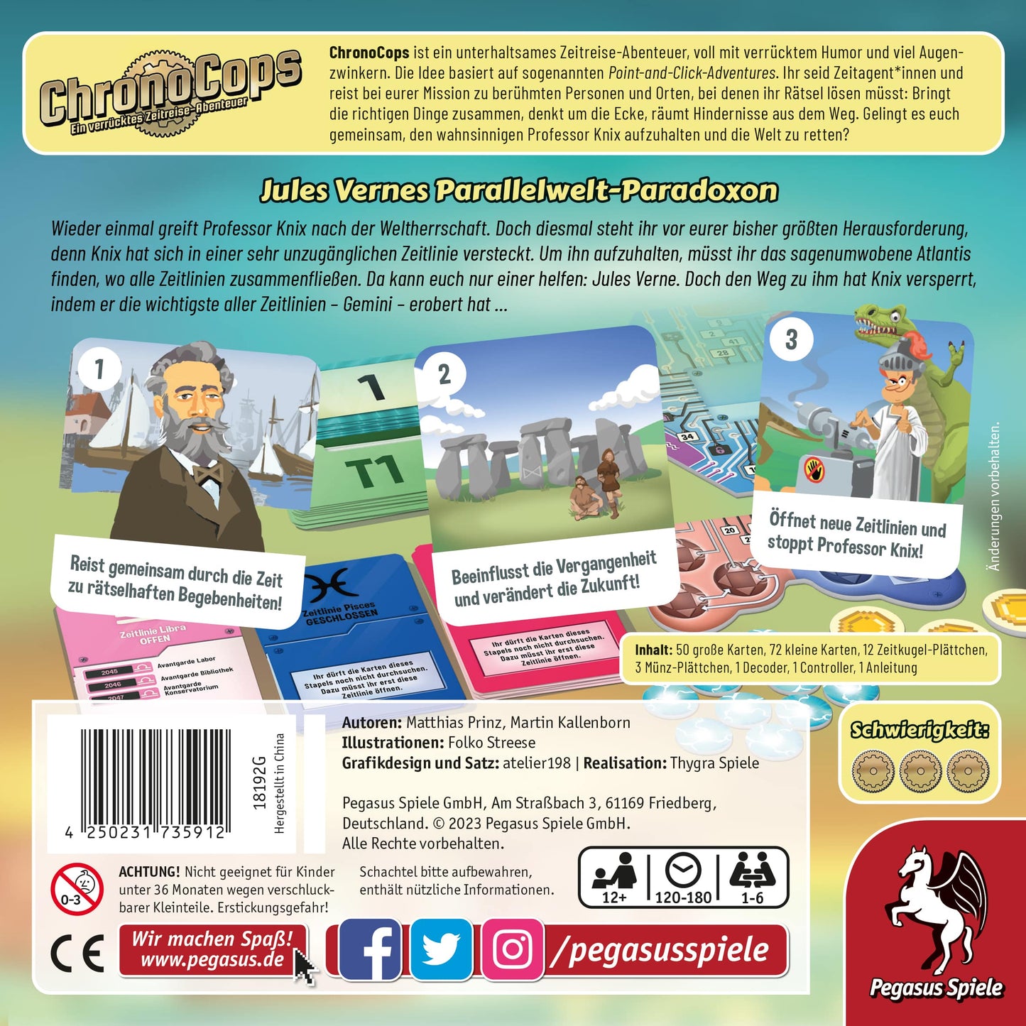 ChronoCops – Jules Vernes Parallelwelt-Paradoxon Kartenspiel Schachtel Rückseite mit Spielbeschreibung