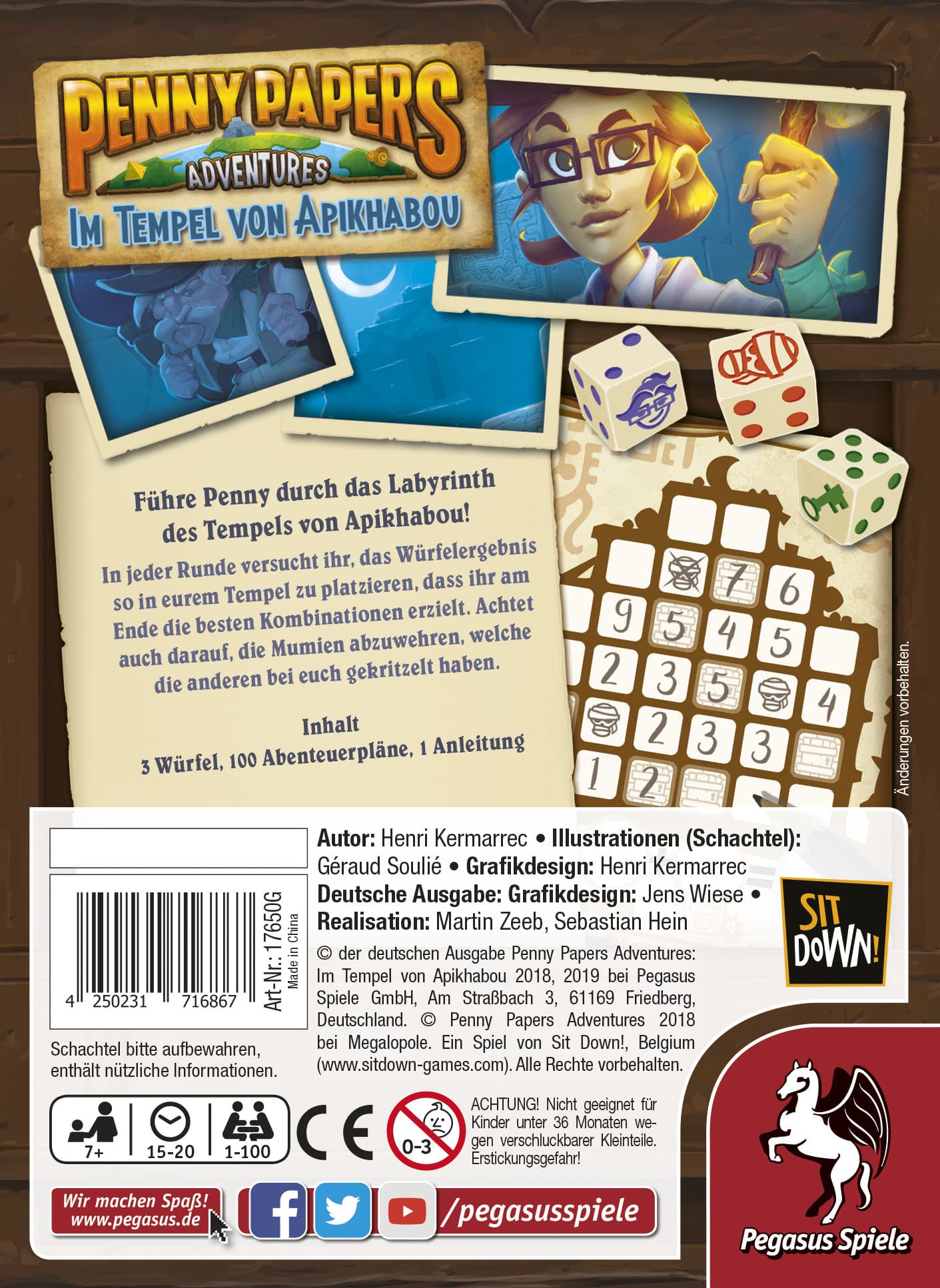 Brettspiel Penny Papers Adventures – Im Tempel von Apikhabou von Sit Down! – Spielschachtel mit Abenteuerthema