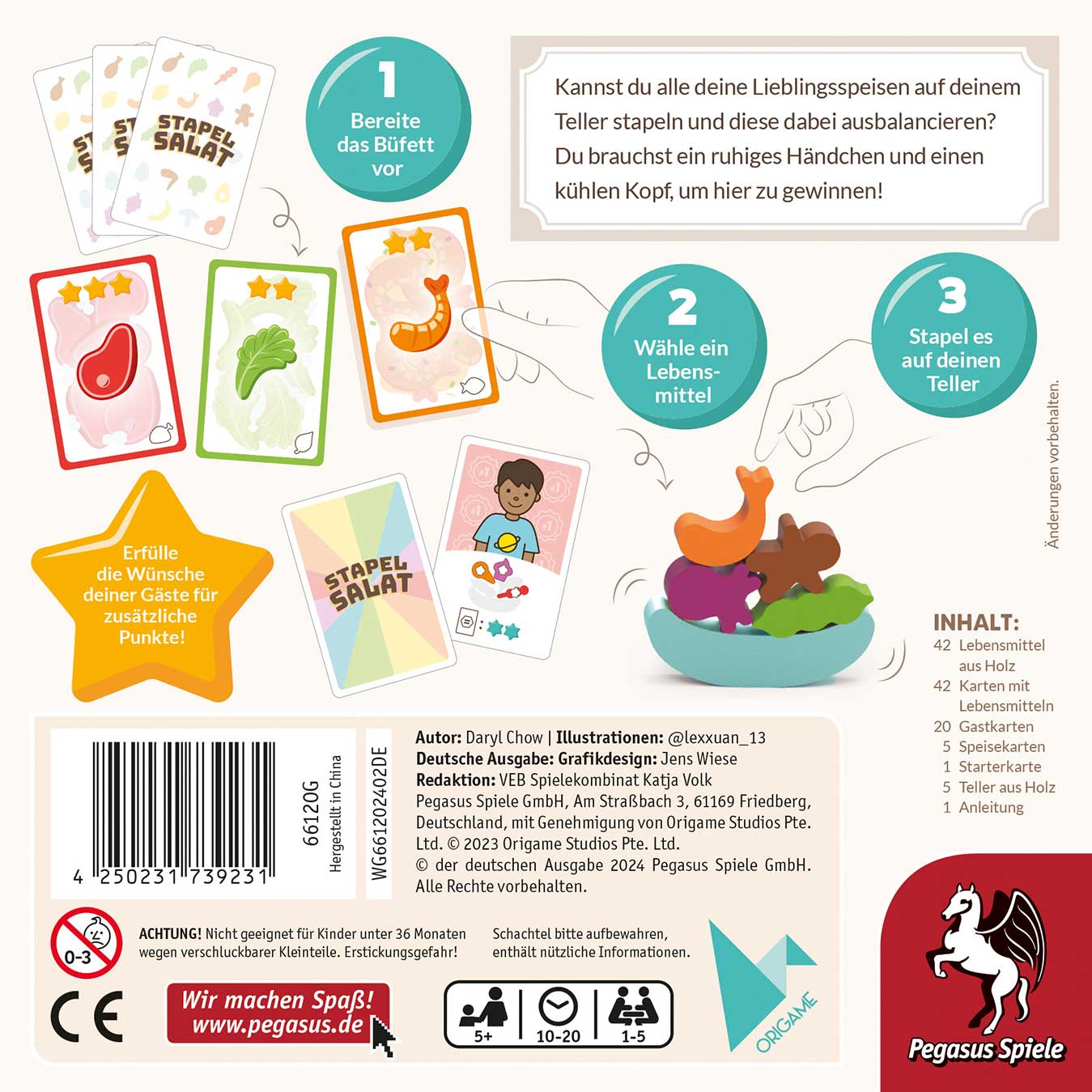 Stapelsalat – Rückseite der Spielschachtel mit Spielübersicht und Infos