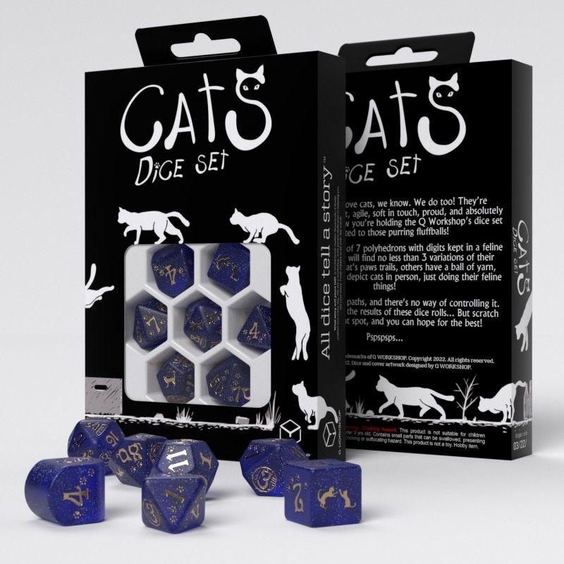 Cats Modern Dice Set Meowster mit 7 blau goldenen Katzen Würfeln