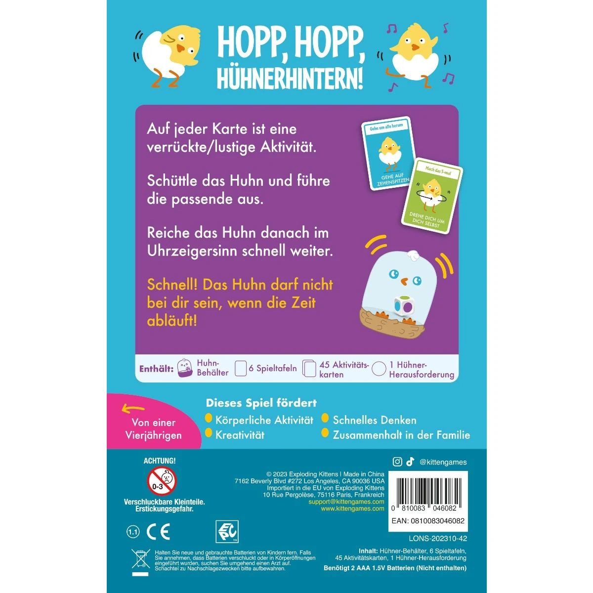 Hopp, hopp, Hühnerhintern – Kinderspiel Schachtel Rückseite mit Spielbeschreibung