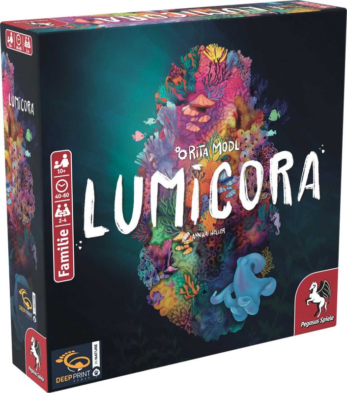 Lumicora Brettspiel von Deep Print Games mit dreidimensionalem Korallenriff und farbenfrohen Korallenplättchen