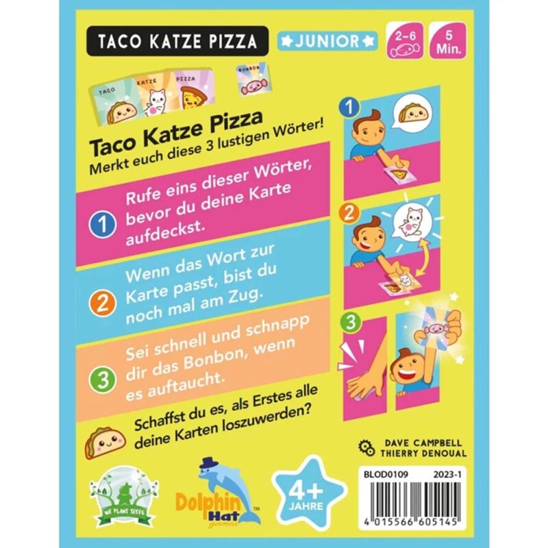 Taco Katze Ziege Käse Pizza Junior – Brettspiel Schachtel Rückseite mit Spielbeschreibung