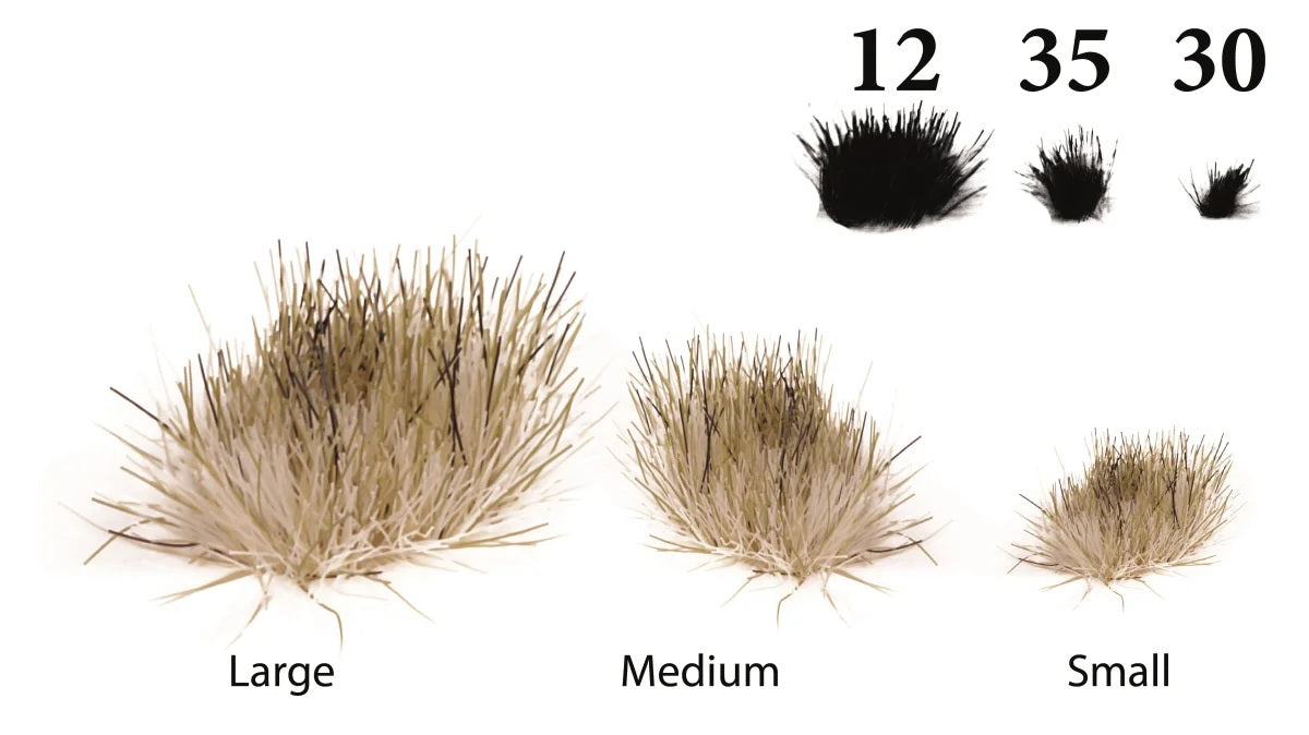 Größenübersicht der The Army Painter Frozen Tufts mit 12 großen, 35 mittleren und 30 kleinen Grasbüscheln
