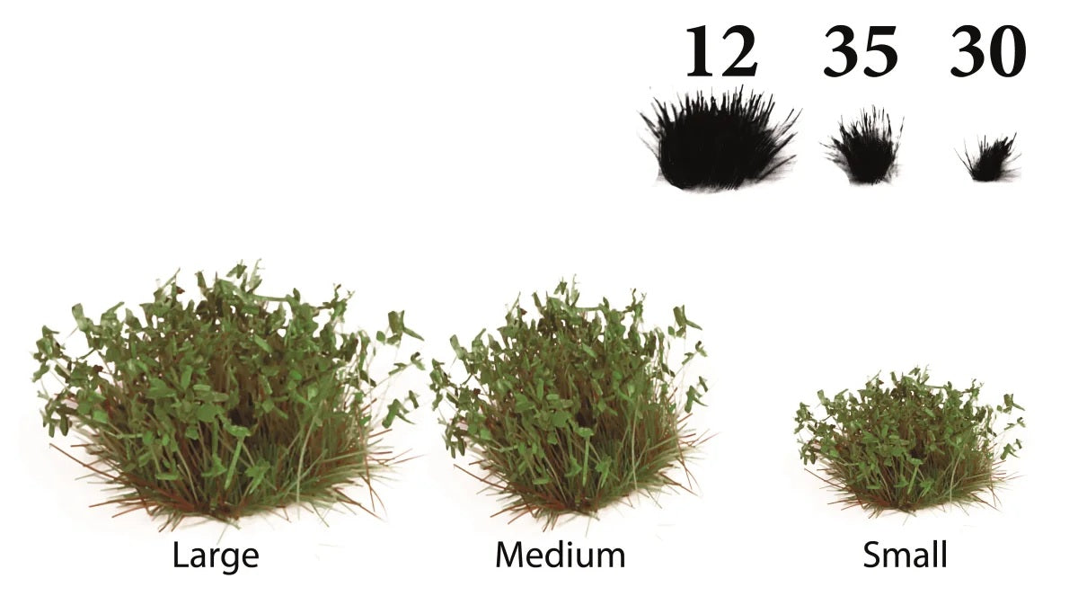 Größenübersicht der The Army Painter Lowland Shrubs mit 12 großen, 35 mittleren und 30 kleinen Sträuchern