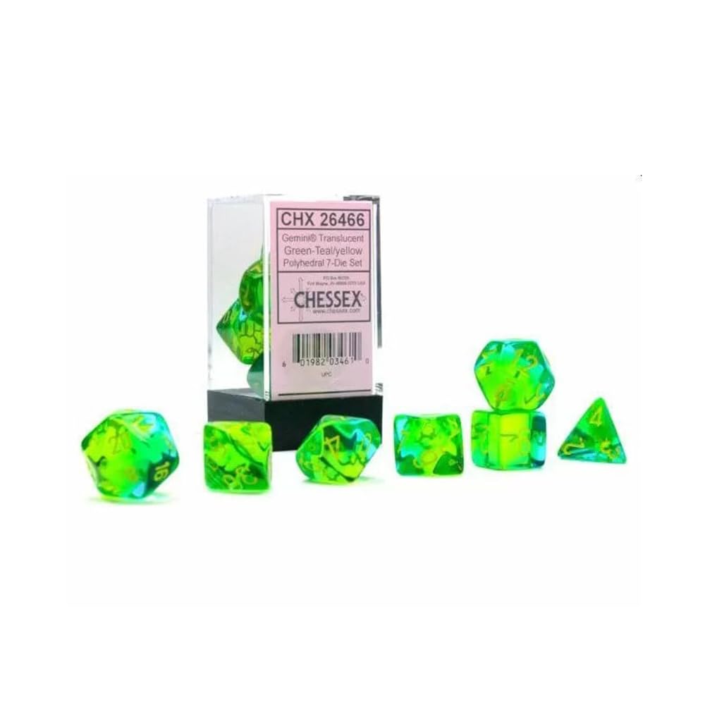 Chessex Gemini Translucent Green-Teal Yellow Würfelset mit 7 Rollenspielwürfeln