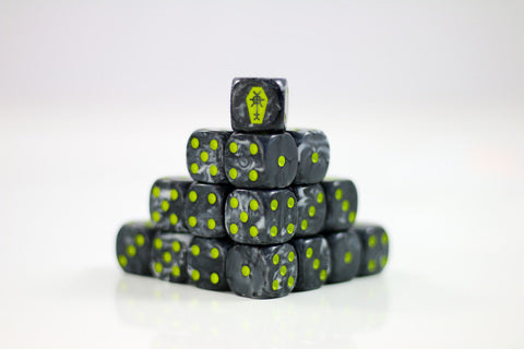 Eternity Coffin D6 Sci-Fi Dice – 20 schwarze Würfel mit neongelben Punkten und Coffin-Symbol