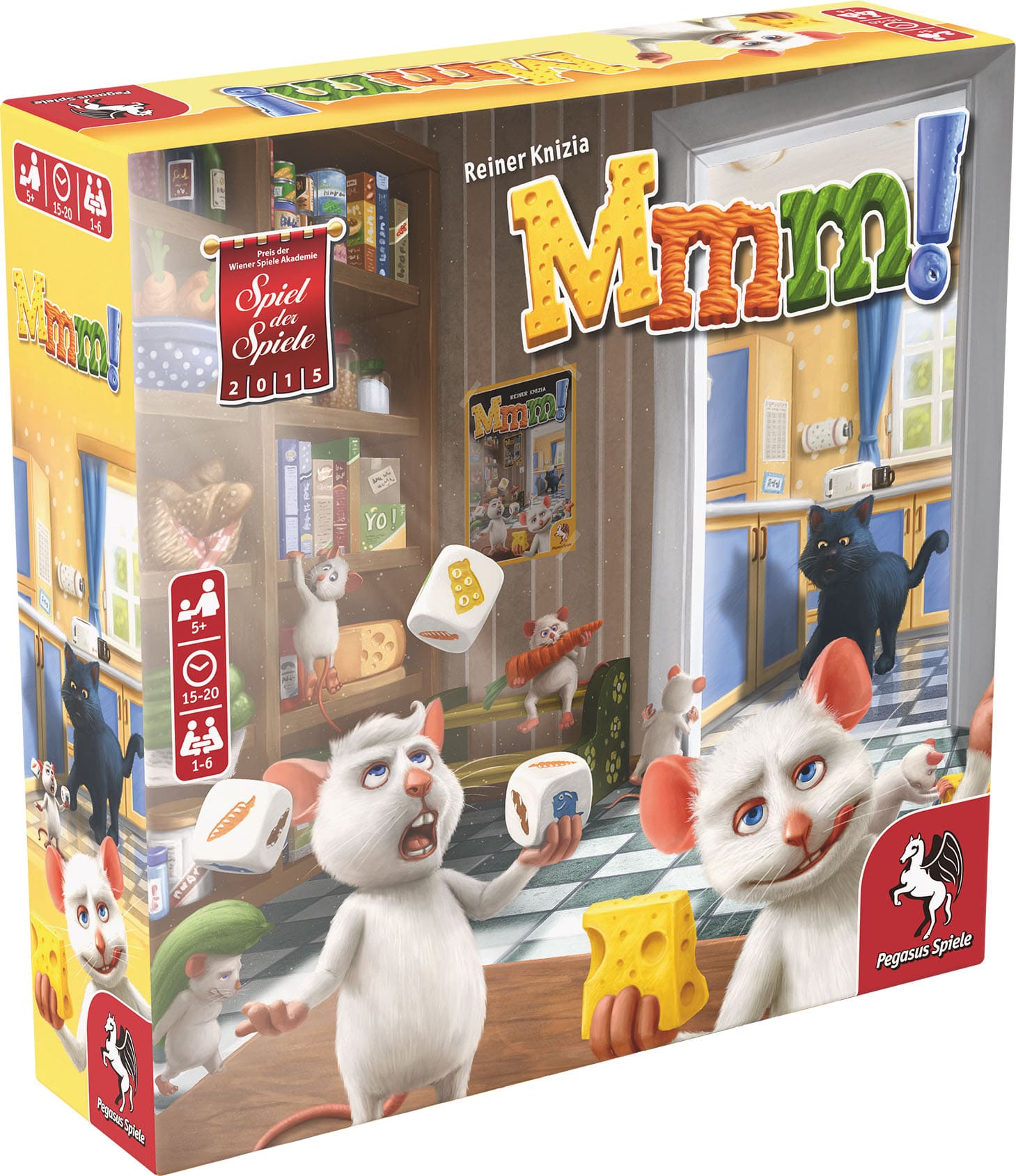 Kinderspiel Mmm! von Pegasus Spiele – Spielschachtel mit Maus in der Speisekammer