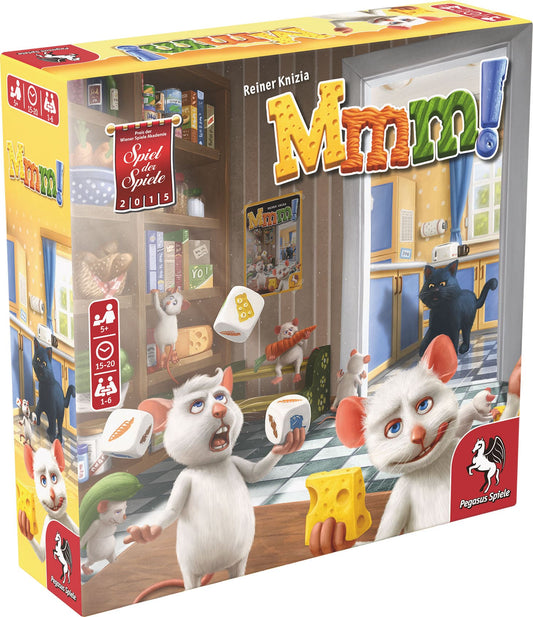 Kinderspiel Mmm! von Pegasus Spiele – Spielschachtel mit Maus in der Speisekammer