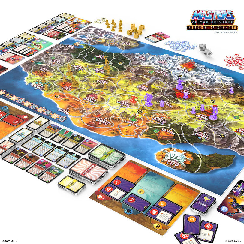 Fields of Eternia – Spielaufbau mit Brett, Karten und Würfeln