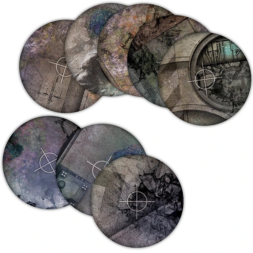 Terrain Crate Neoprene Objective Templates „Grimdark“ – Setansicht mit allen acht Vorlagen