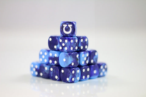 Omega D6 Sci-Fi Dice – 20 blau-violette marmorierte Würfel mit weißem Omega-Symbol