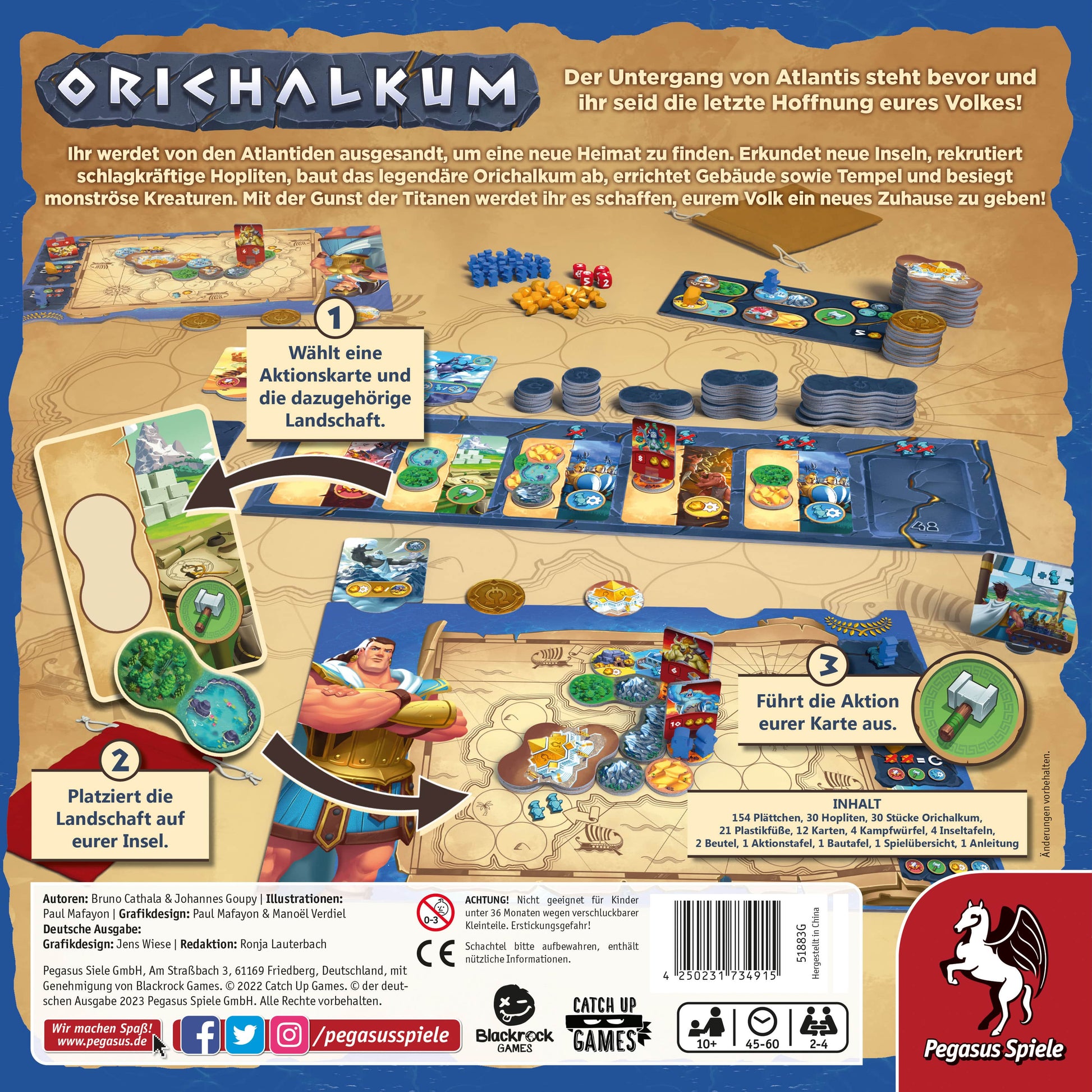 Orichalkum Rückseite der Spielschachtel mit Spielübersicht und Komponenten