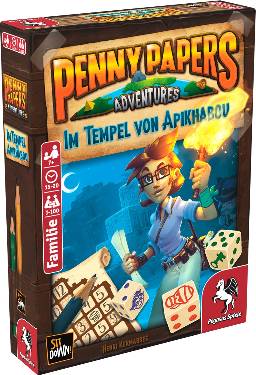 Brettspiel Penny Papers Adventures – Im Tempel von Apikhabou von Sit Down! – Spielschachtel mit Abenteuerthema