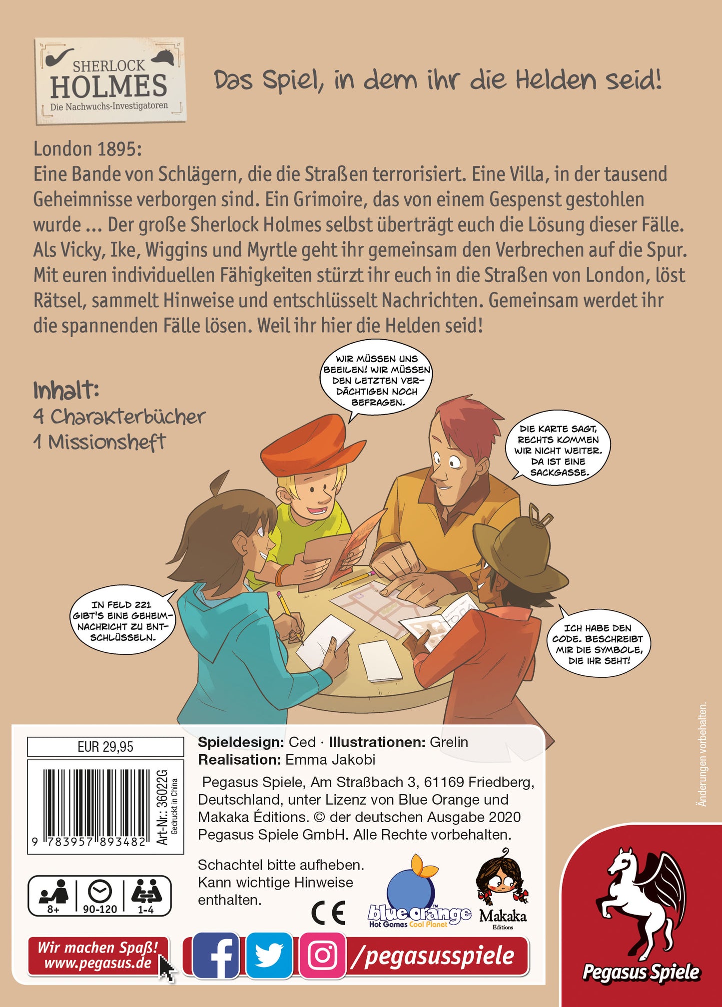 Sherlock Holmes – Die Nachwuchs-Investigatoren Krimi-Comic-Spiel Schachtel Rückseite mit Spielbeschreibung