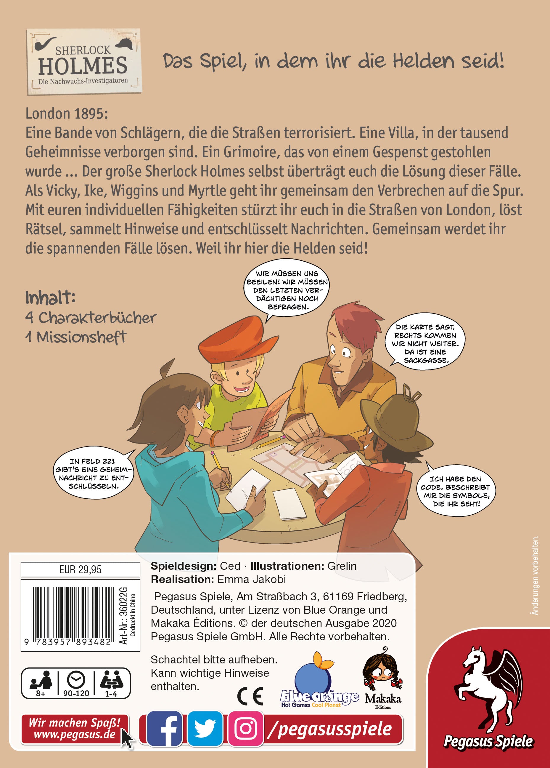 Sherlock Holmes – Die Nachwuchs-Investigatoren Krimi-Comic-Spiel Schachtel Rückseite mit Spielbeschreibung