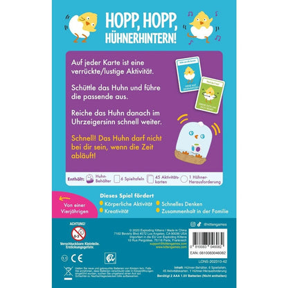 Hopp, hopp, Hühnerhintern – Kinderspiel Schachtel Rückseite mit Spielbeschreibung