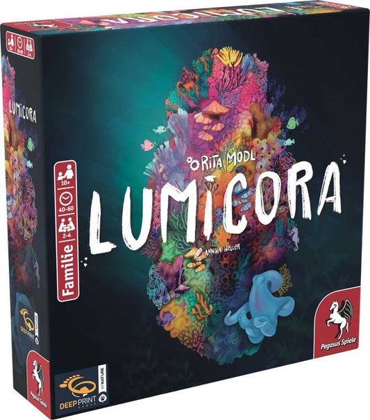 Lumicora Brettspiel von Deep Print Games mit dreidimensionalem Korallenriff und farbenfrohen Korallenplättchen