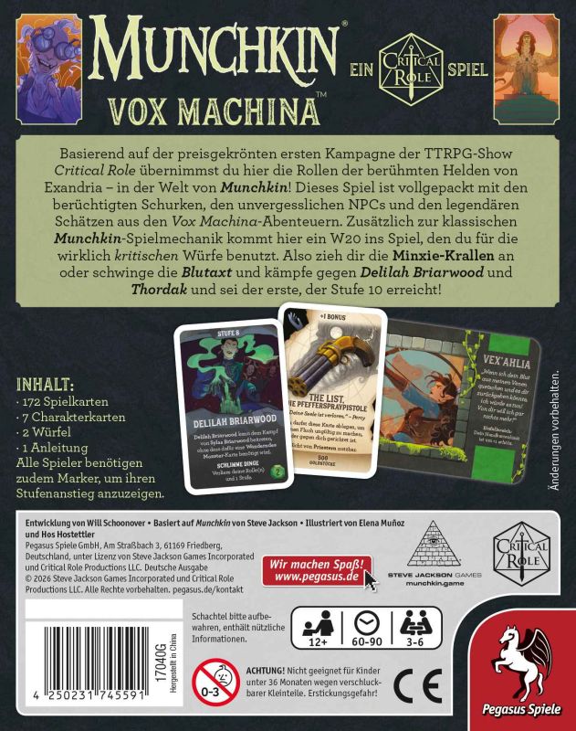 Munchkin Vox Machina Kartenspiel von Pegasus Spiele Rückseite