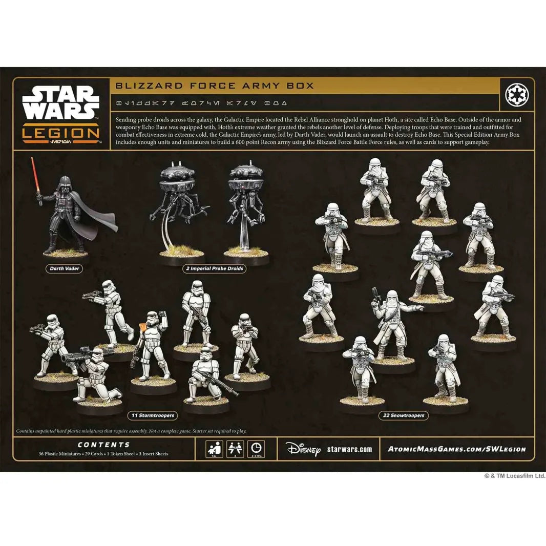 Star Wars: Legion – Blizzard Force Army Box mit 36 Miniaturen und Karten für eine 600-Punkte-Armee des Galaktischen Imperiums. Deutsche Ausgabe. Rückseite