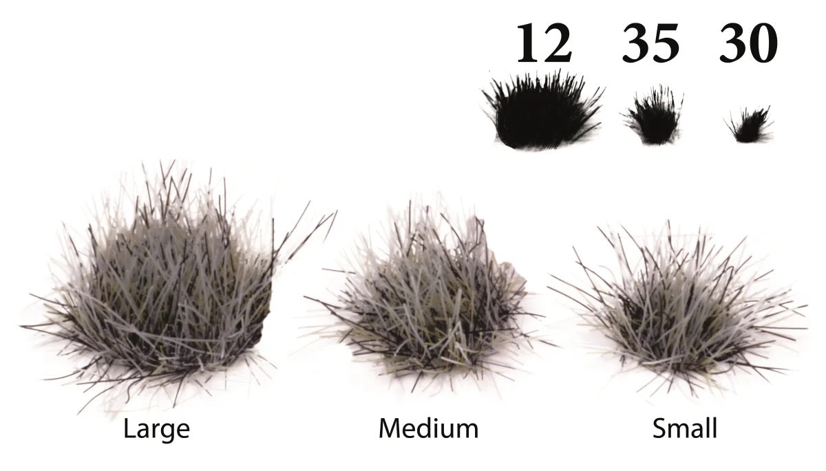 Größenübersicht der The Army Painter Deadland Tufts mit 12 großen, 35 mittleren und 30 kleinen Grasbüscheln