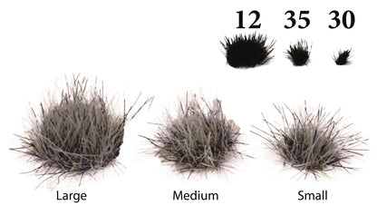 Größenübersicht der The Army Painter Deadland Tufts mit 12 großen, 35 mittleren und 30 kleinen Grasbüscheln