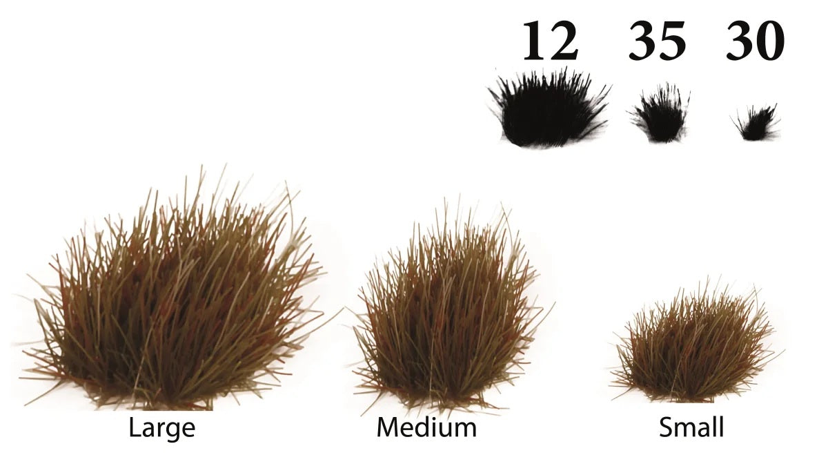 Größenübersicht der The Army Painter Highland Tufts mit 12 großen, 35 mittleren und 30 kleinen Grasbüscheln
