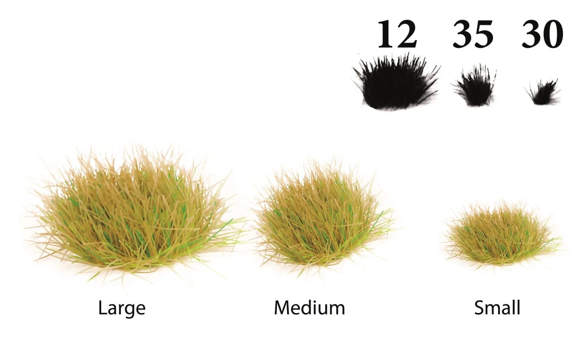 Größenübersicht der The Army Painter Jungle Tufts mit 12 großen, 35 mittleren und 30 kleinen Grasbüscheln