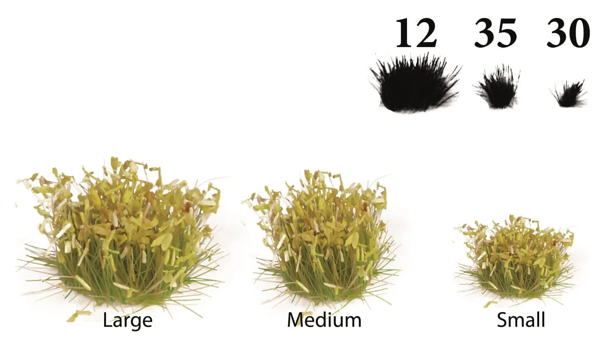 Größenübersicht der The Army Painter Meadow Flowers mit 12 großen, 35 mittleren und 30 kleinen Blütenbüscheln