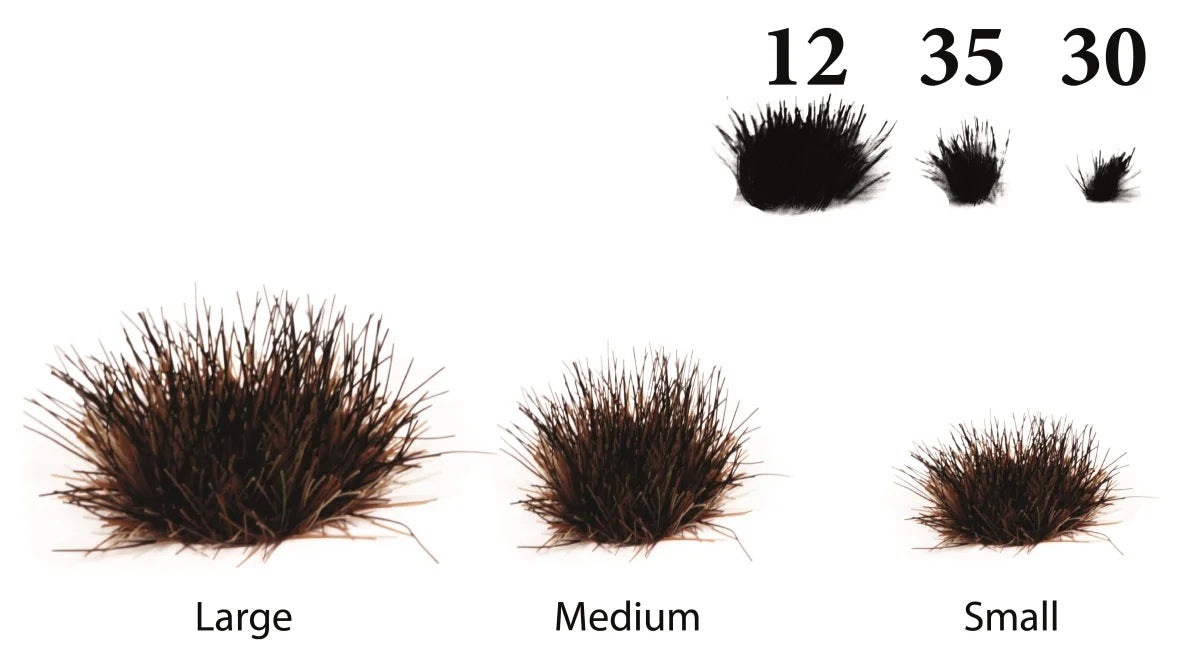 Größenübersicht der The Army Painter Scorched Tufts mit 12 großen, 35 mittleren und 30 kleinen Grasbüscheln
