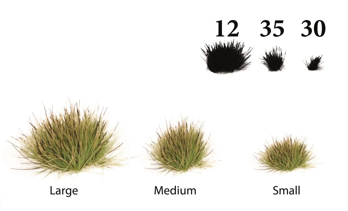 Größenübersicht der The Army Painter Swamp Tufts mit 12 großen, 35 mittleren und 30 kleinen Grasbüscheln