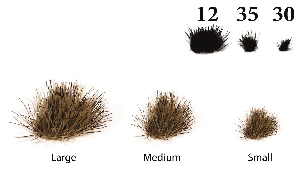 Größenübersicht der The Army Painter Winter Tufts mit 12 großen, 35 mittleren und 30 kleinen Grasbüscheln