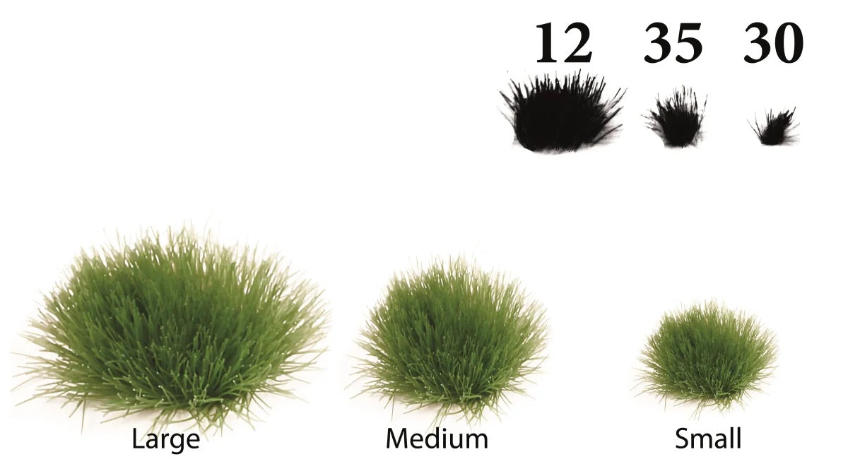 Größenübersicht der The Army Painter Woodland Tufts mit 12 großen, 35 mittleren und 30 kleinen Grasbüscheln