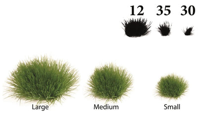 Größenübersicht der The Army Painter Woodland Tufts mit 12 großen, 35 mittleren und 30 kleinen Grasbüscheln
