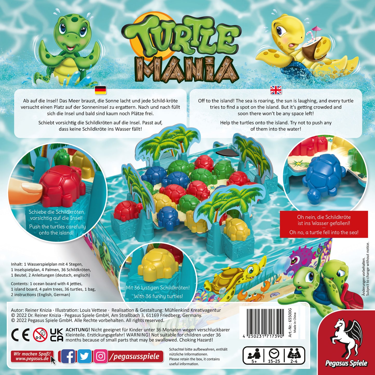 Turtle Mania – Rückseite der Spielschachtel mit Spielübersicht und Komponenten
